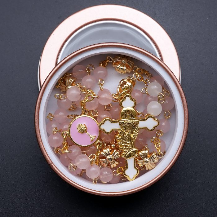 玫瑰念珠-初领圣体-粉水晶配白玉髓-6mm Catholic religious art