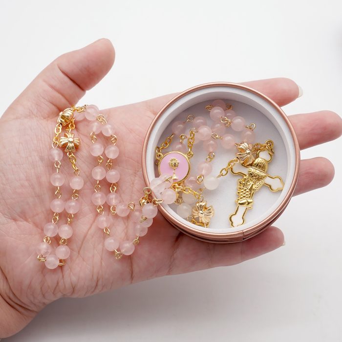 玫瑰念珠-初领圣体-粉水晶配白玉髓-6mm Catholic religious art