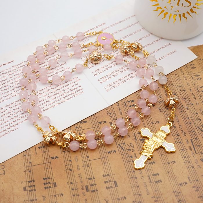 玫瑰念珠-初领圣体-粉水晶配白玉髓-6mm Catholic religious art