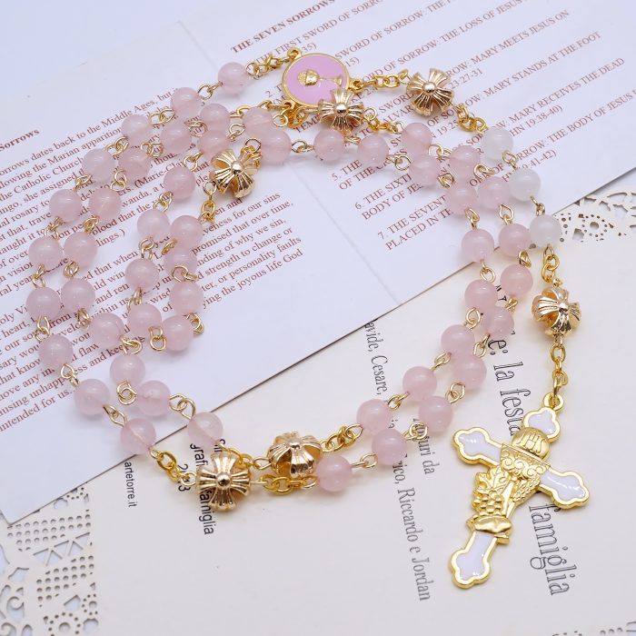玫瑰念珠-初领圣体-粉水晶配白玉髓-6mm Catholic religious art