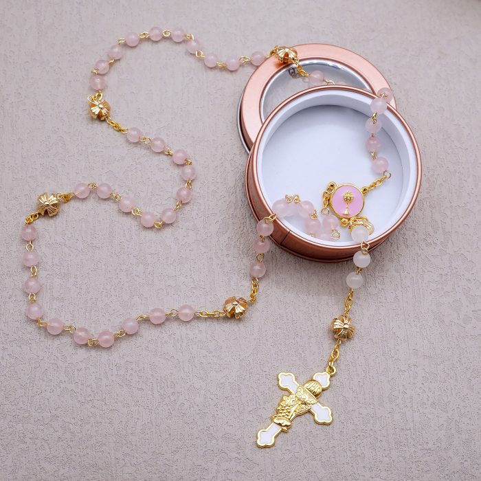 玫瑰念珠-初领圣体-粉水晶配白玉髓-6mm Catholic religious art
