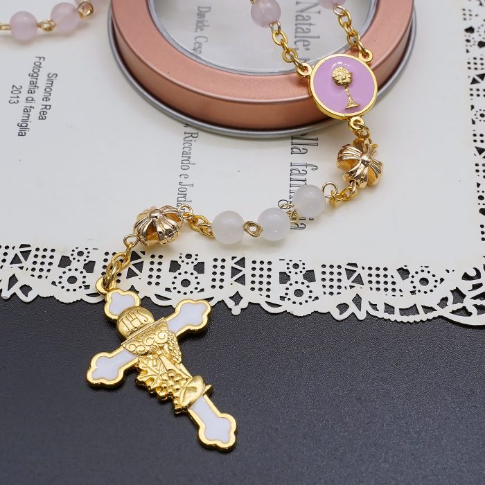 玫瑰念珠-初领圣体-粉水晶配白玉髓-6mm Catholic religious art