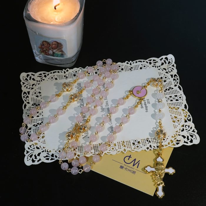 玫瑰念珠-初领圣体-粉水晶配白玉髓-6mm Catholic religious art