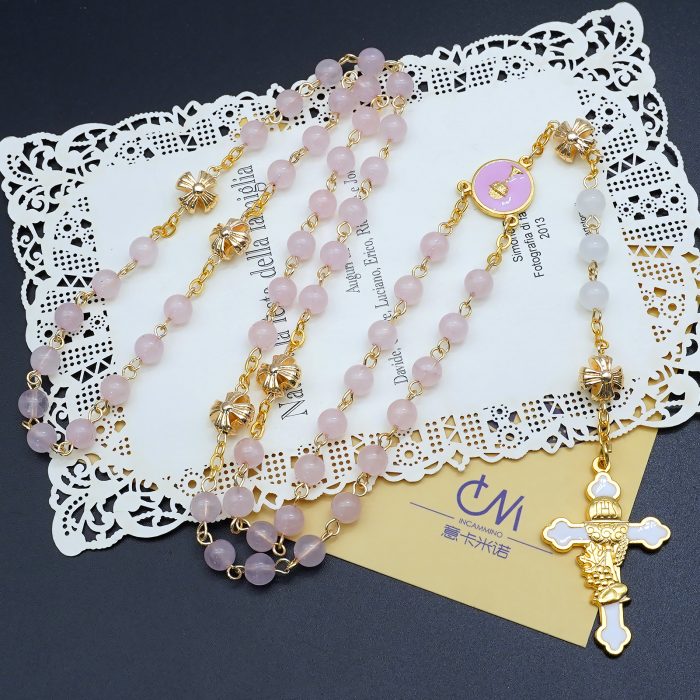 玫瑰念珠-初领圣体-粉水晶配白玉髓-6mm Catholic religious art