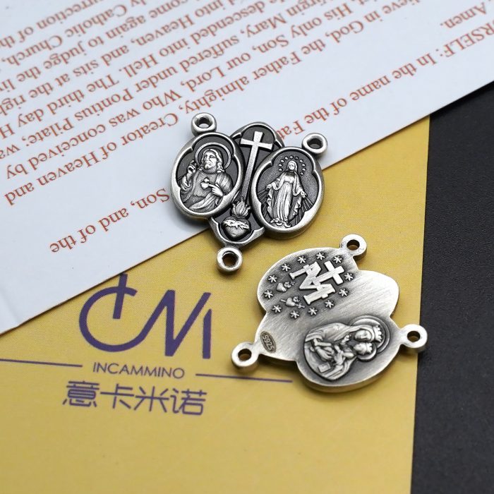 DIY三通-圣衣圣牌+显灵圣牌-(高清细节)925银做旧-1.5cm Catholic religious art