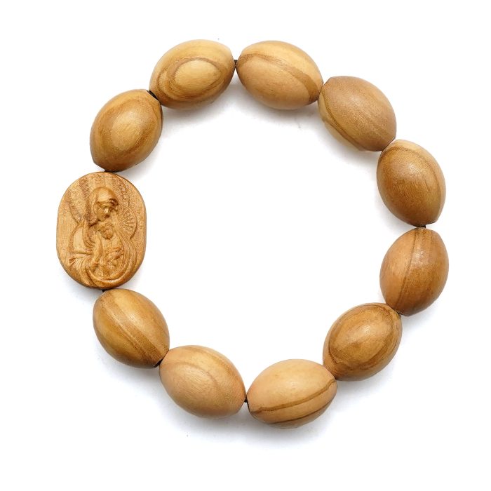 弹力手链-圣母抱耶稣椭圆牌-橄榄木珠-单圈长20cm Catholic religious art