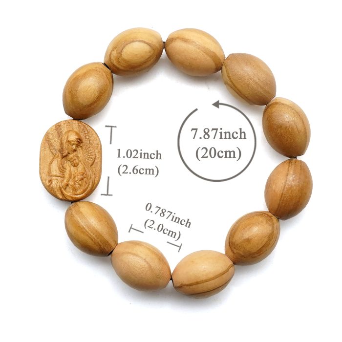 弹力手链-圣母抱耶稣椭圆牌-橄榄木珠-单圈长20cm Catholic religious art