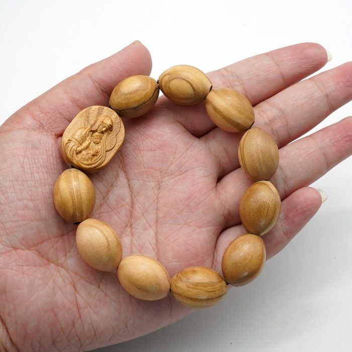 弹力手链-圣母抱耶稣椭圆牌-橄榄木珠-单圈长20cm Catholic religious art