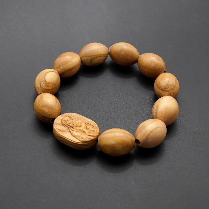 弹力手链-圣母抱耶稣椭圆牌-橄榄木珠-单圈长20cm Catholic religious art