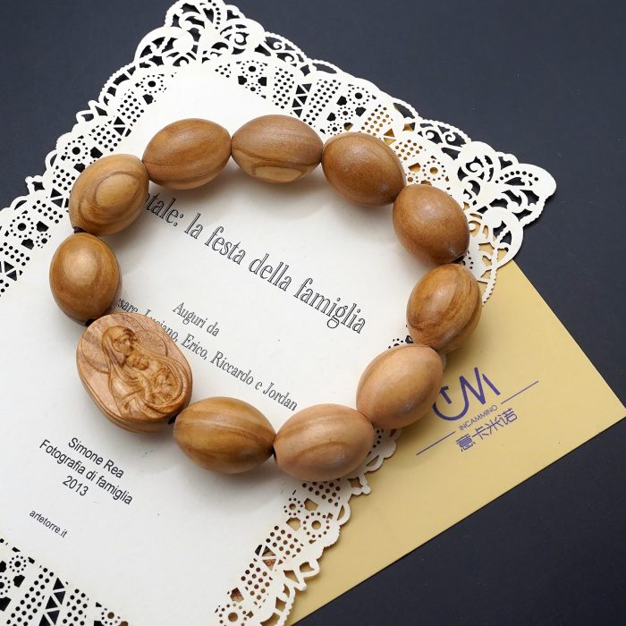 弹力手链-圣母抱耶稣椭圆牌-橄榄木珠-单圈长20cm Catholic religious art