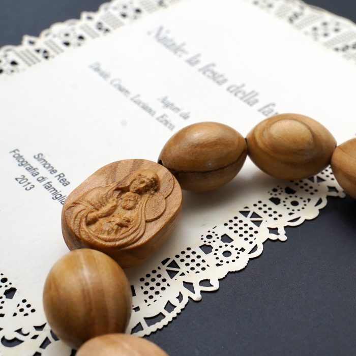 弹力手链-圣母抱耶稣椭圆牌-橄榄木珠-单圈长20cm Catholic religious art