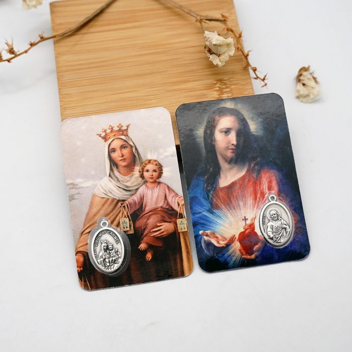 圣牌卡片-加尔默罗圣母+耶稣圣心-8.5x5.5cm Catholic religious art