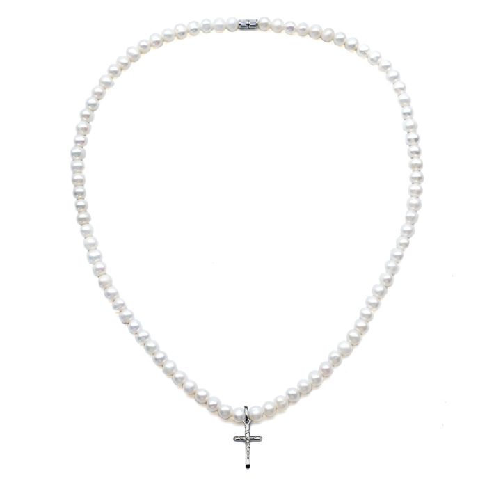 珍珠颈链 -925银十字架/圣母吊坠-珍珠扣-5mm Catholic religious art