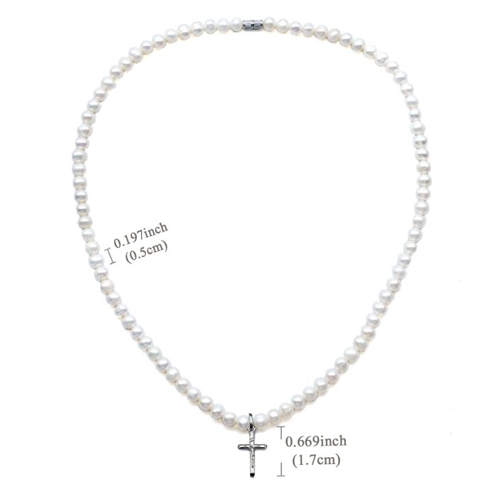 珍珠颈链 -925银十字架/圣母吊坠-珍珠扣-5mm Catholic religious art