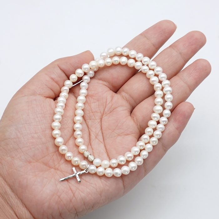 珍珠颈链 -925银十字架/圣母吊坠-珍珠扣-5mm Catholic religious art