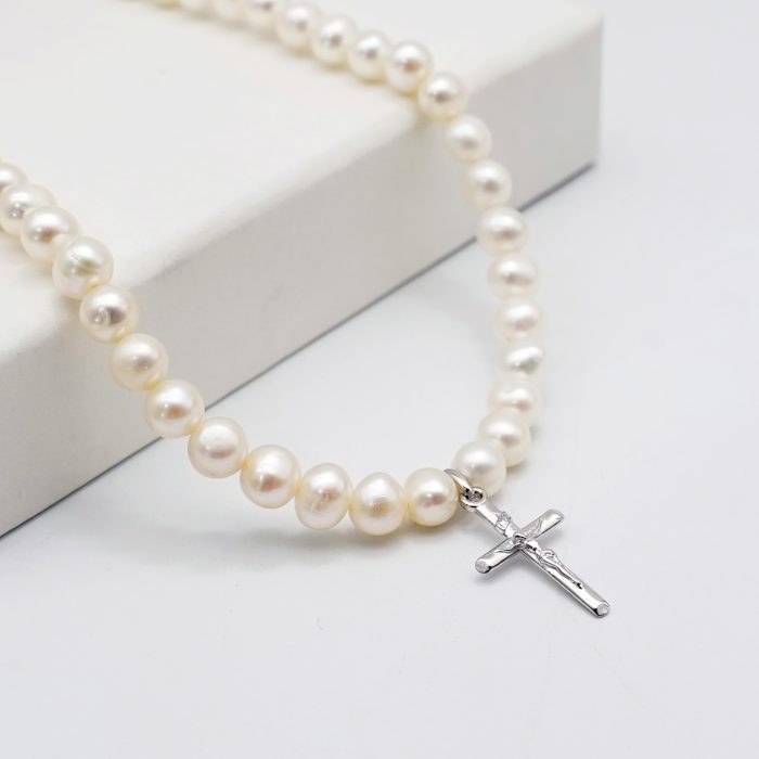 珍珠颈链 -925银十字架/圣母吊坠-珍珠扣-5mm Catholic religious art