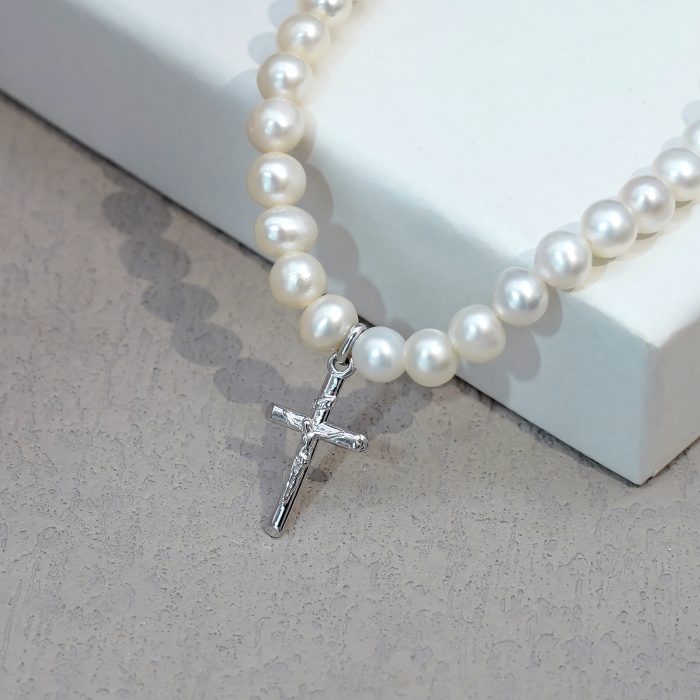 珍珠颈链 -925银十字架/圣母吊坠-珍珠扣-5mm Catholic religious art