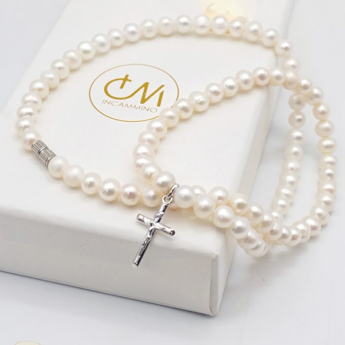 珍珠颈链 -925银十字架/圣母吊坠-珍珠扣-5mm Catholic religious art