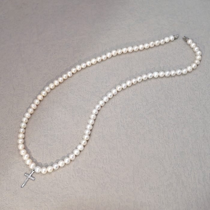 珍珠颈链 -925银十字架/圣母吊坠-珍珠扣-5mm Catholic religious art