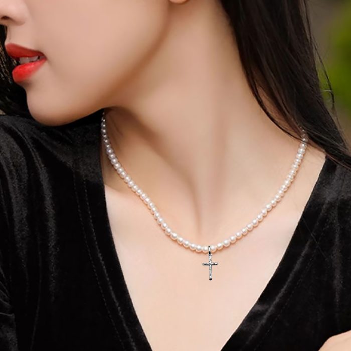 珍珠颈链 -925银十字架/圣母吊坠-珍珠扣-5mm Catholic religious art