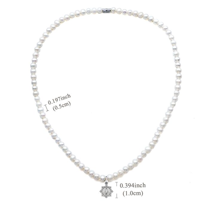 珍珠颈链 -925银十字架/圣母吊坠-珍珠扣-5mm Catholic religious art
