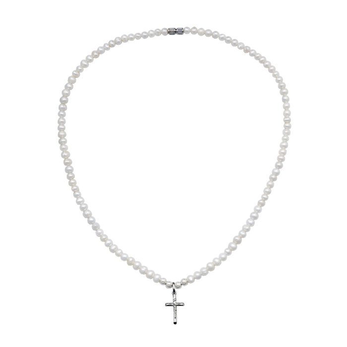 珍珠颈链 -925银十字架/圣母吊坠-银珠-珍珠扣-4mm Catholic religious art