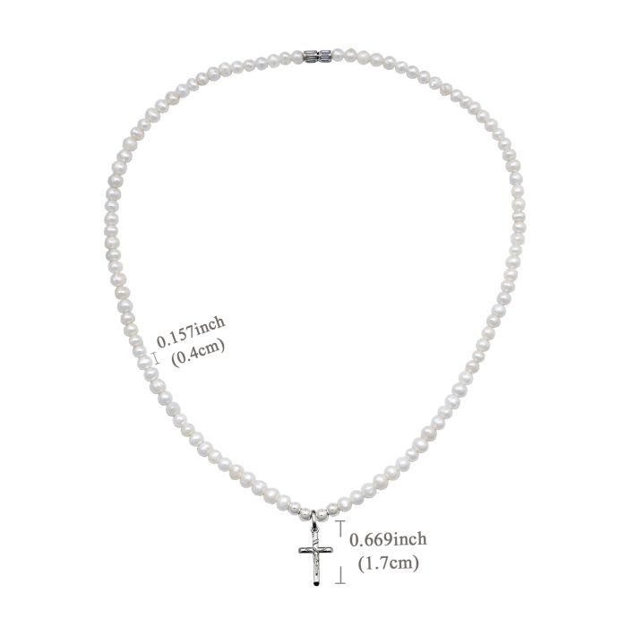 珍珠颈链 -925银十字架/圣母吊坠-银珠-珍珠扣-4mm Catholic religious art