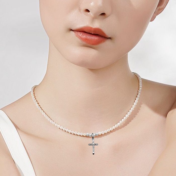 珍珠颈链 -925银十字架/圣母吊坠-银珠-珍珠扣-4mm Catholic religious art