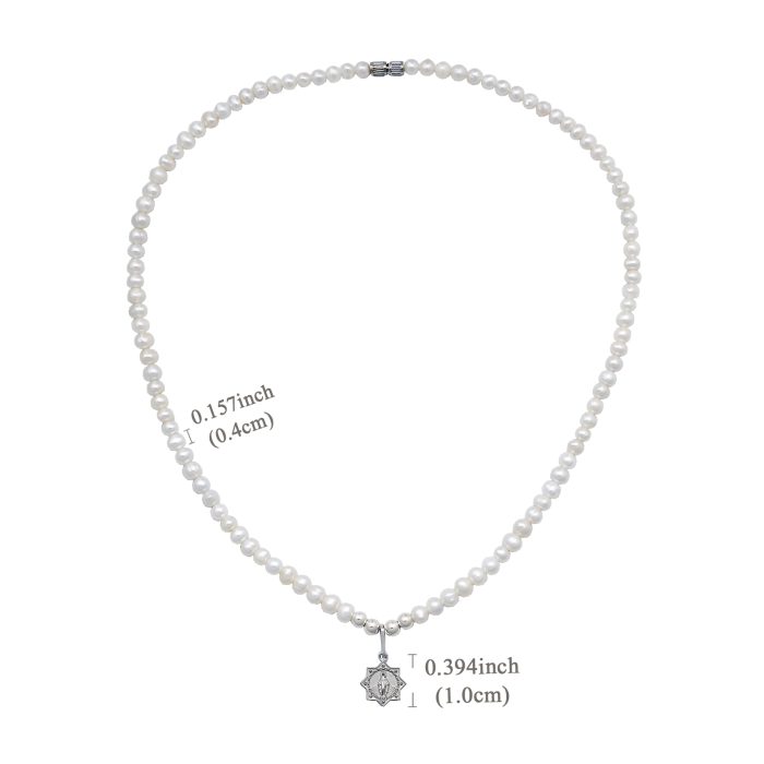 珍珠颈链 -925银十字架/圣母吊坠-银珠-珍珠扣-4mm Catholic religious art