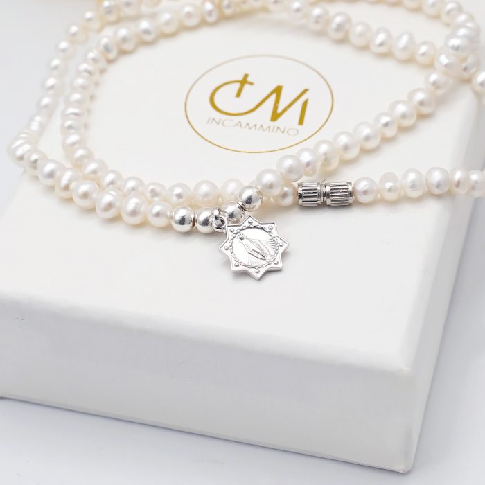 珍珠颈链 -925银十字架/圣母吊坠-银珠-珍珠扣-4mm Catholic religious art