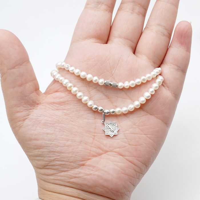 珍珠颈链 -925银十字架/圣母吊坠-银珠-珍珠扣-4mm Catholic religious art