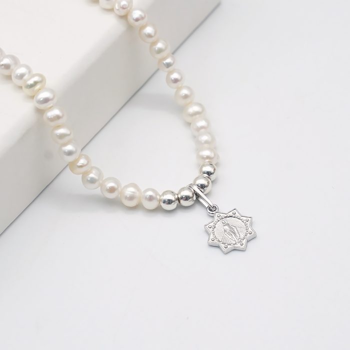 珍珠颈链 -925银十字架/圣母吊坠-银珠-珍珠扣-4mm Catholic religious art