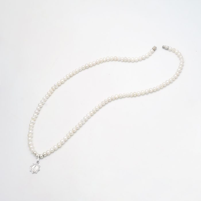 珍珠颈链 -925银十字架/圣母吊坠-银珠-珍珠扣-4mm Catholic religious art