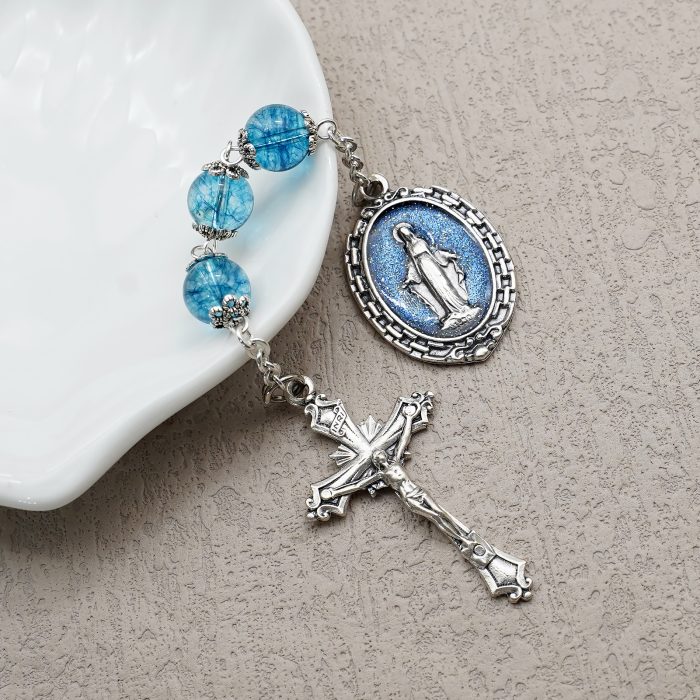 九珠串经-圣母无染原罪-蓝色爆花水晶8mm Catholic religious art