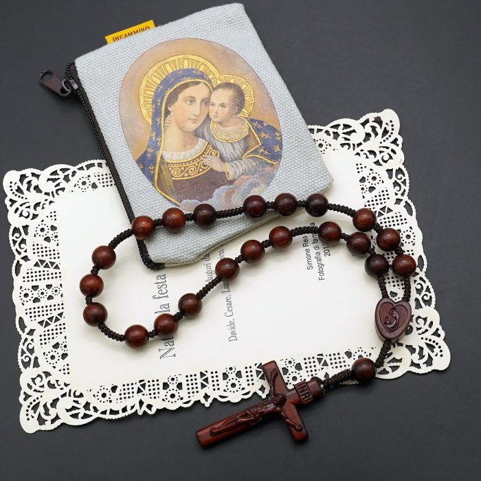 默主哥耶和平念珠-圣母抱子-简约-绳编-紫檀8mm Catholic religious art