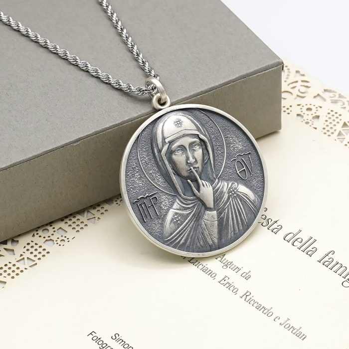 项链圣牌-静默圣母-925银-4cm加麻花链 Catholic religious art