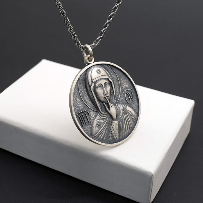 项链圣牌-静默圣母-925银-4cm加麻花链 Catholic religious art