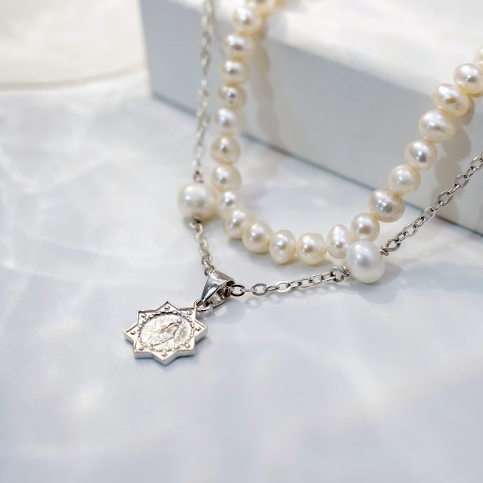 珍珠颈链-显灵圣母-925银吊坠-满天星-龙虾扣-42cm Catholic religious art