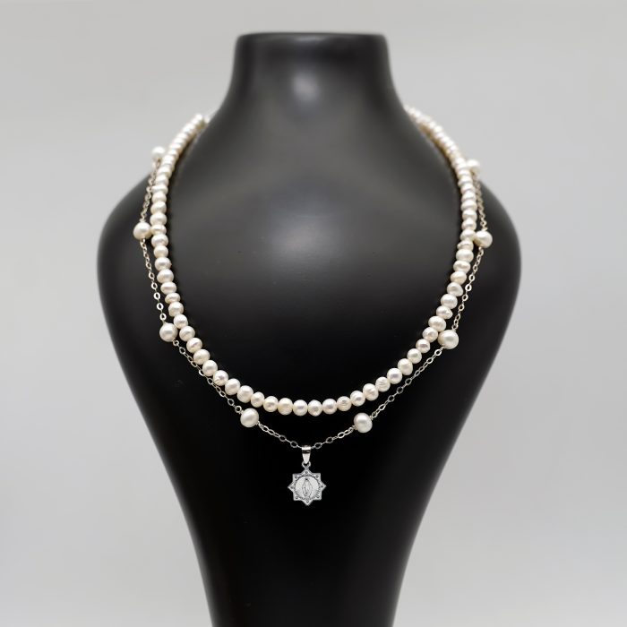 珍珠颈链-显灵圣母-925银吊坠-满天星-龙虾扣-42cm Catholic religious art