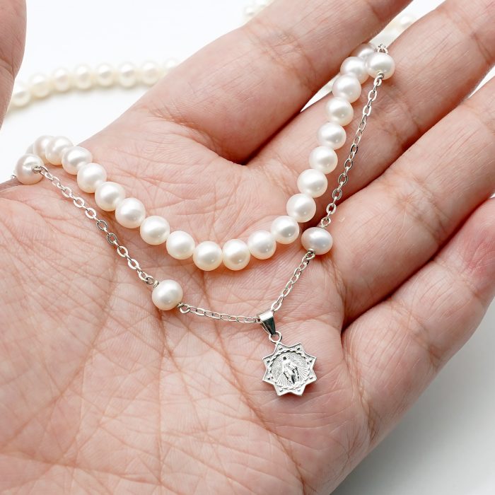 珍珠颈链-显灵圣母-925银吊坠-满天星-龙虾扣-42cm Catholic religious art
