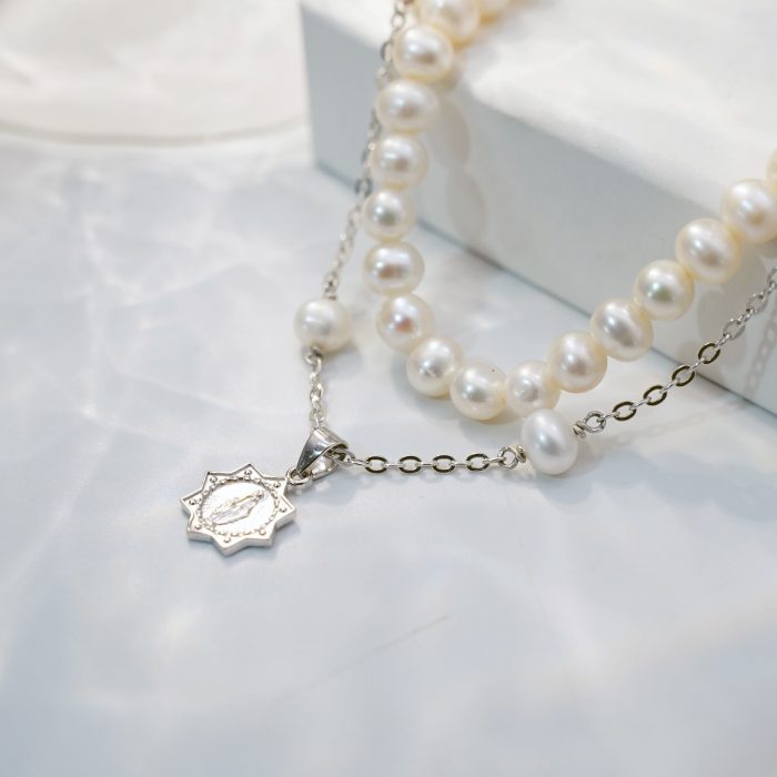 珍珠颈链-显灵圣母-925银吊坠-满天星-龙虾扣-42cm Catholic religious art