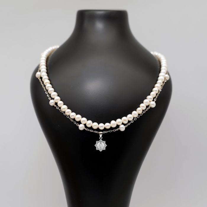 珍珠颈链-显灵圣母-925银吊坠-满天星-龙虾扣-42cm Catholic religious art