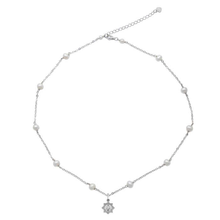 珍珠颈链-显灵圣母-925银吊坠-满天星-龙虾扣-42cm Catholic religious art