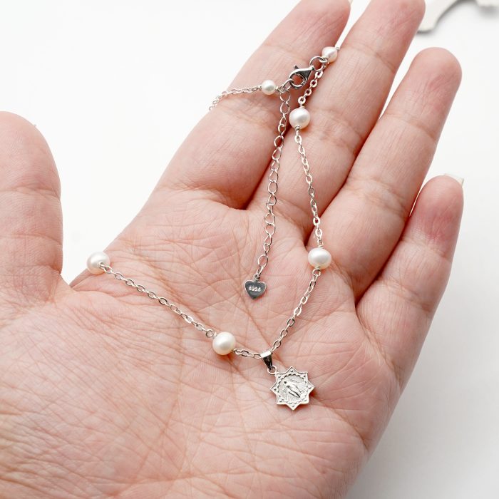 珍珠颈链-显灵圣母-925银吊坠-满天星-龙虾扣-42cm Catholic religious art