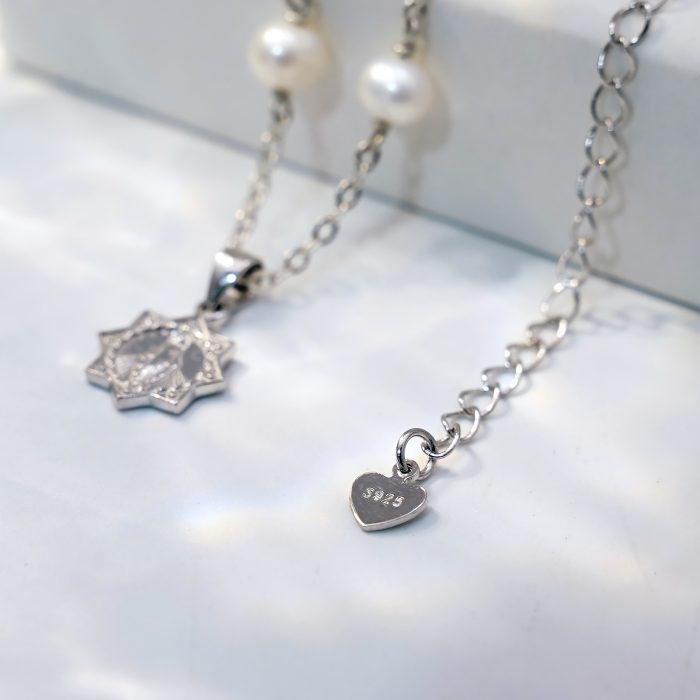 珍珠颈链-显灵圣母-925银吊坠-满天星-龙虾扣-42cm Catholic religious art