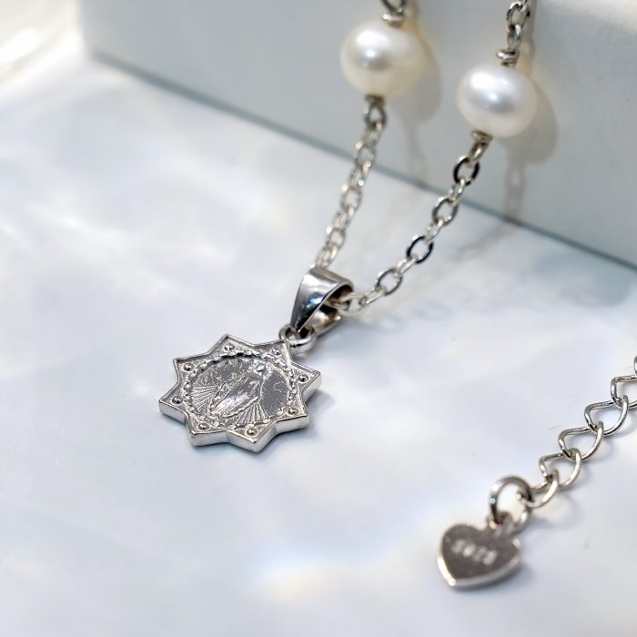 珍珠颈链-显灵圣母-925银吊坠-满天星-龙虾扣-42cm Catholic religious art