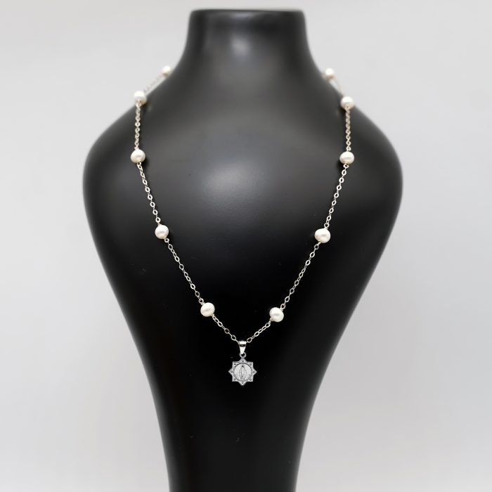 珍珠颈链-显灵圣母-925银吊坠-满天星-龙虾扣-42cm Catholic religious art