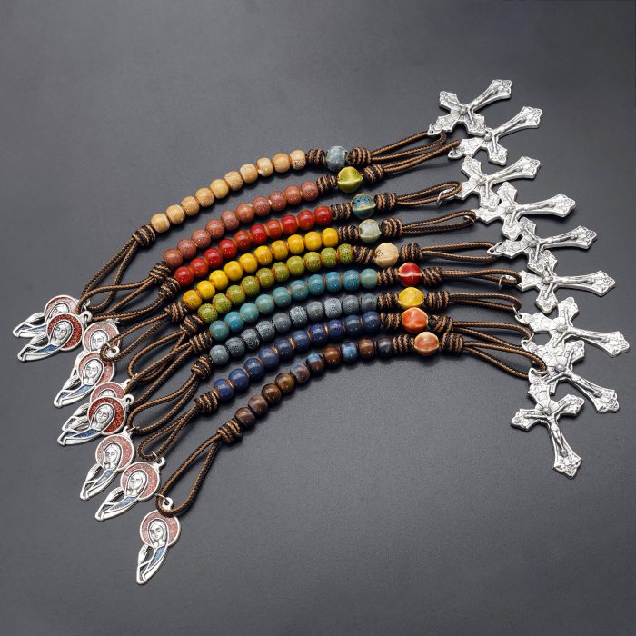 一端念珠-国风-圣母-陶瓷花釉圆珠-多种颜色-绳编原创-8mm Catholic religious art