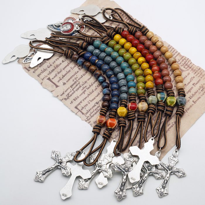 一端念珠-国风-圣母-陶瓷花釉圆珠-多种颜色-绳编原创-8mm Catholic religious art