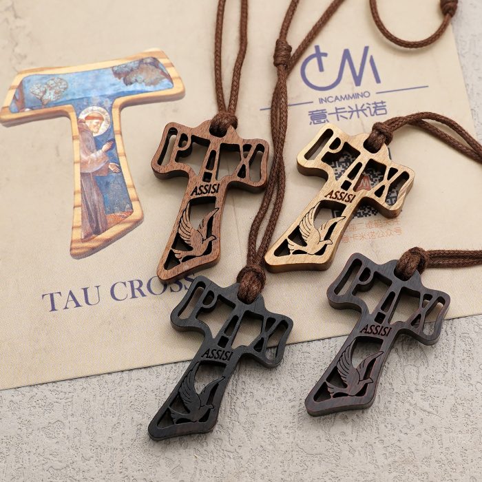 TAU十字架-镂空-圣方济各-黑檀紫檀橄榄木花梨木-3.7x2.4cm Catholic religious art
